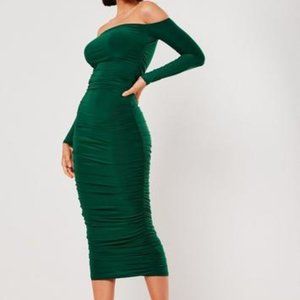 green bardot slinky ruched bodycon dress